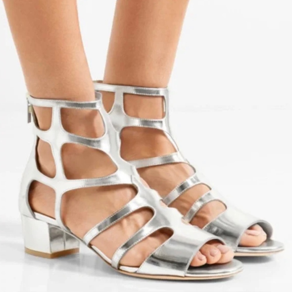 Jimmy Choo Designer Silver Mirrored Leather Gladiator Sandals Shoes Size 6